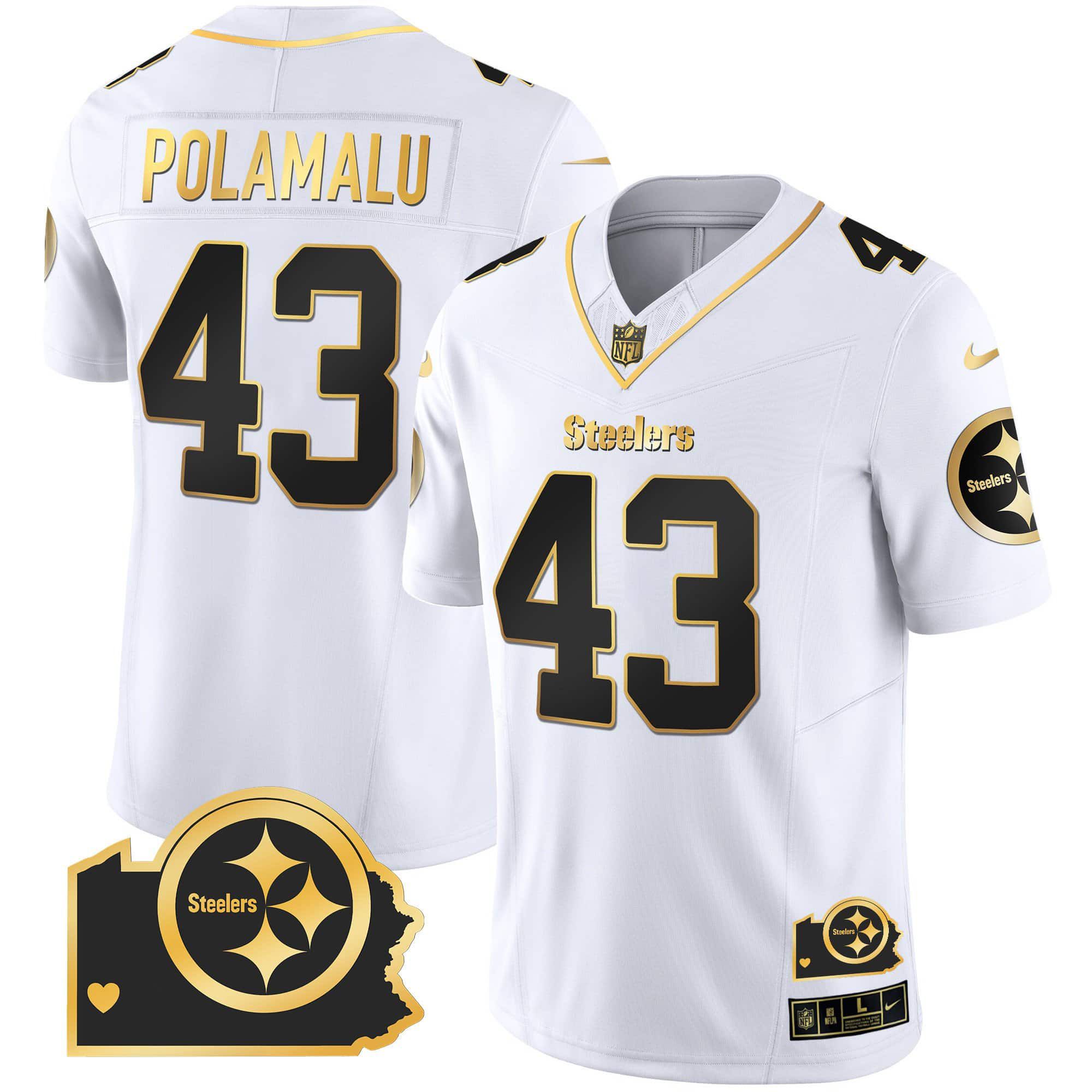 Men Pittsburgh Steelers #43 Polamalu White Gold 2024 Nike Home Patch Vapor Limited NFL Jersey